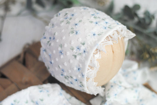 Newborn Pajamas, Swiss dots, White and Blue Floral, Going Home Outfit, First Photo Session.