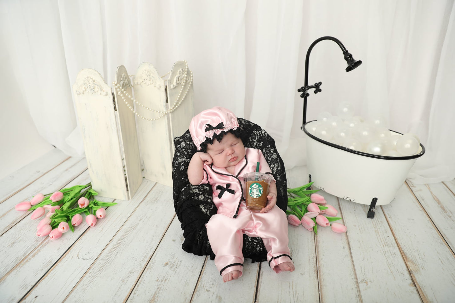 Newborn Satin Loungewear, with shower cap.