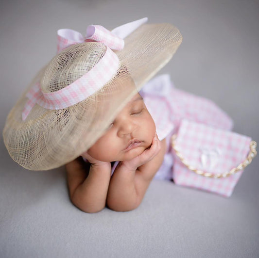 Newborn Pink Gingham Dress | Hat, Photo Prop, and Matching Purse.