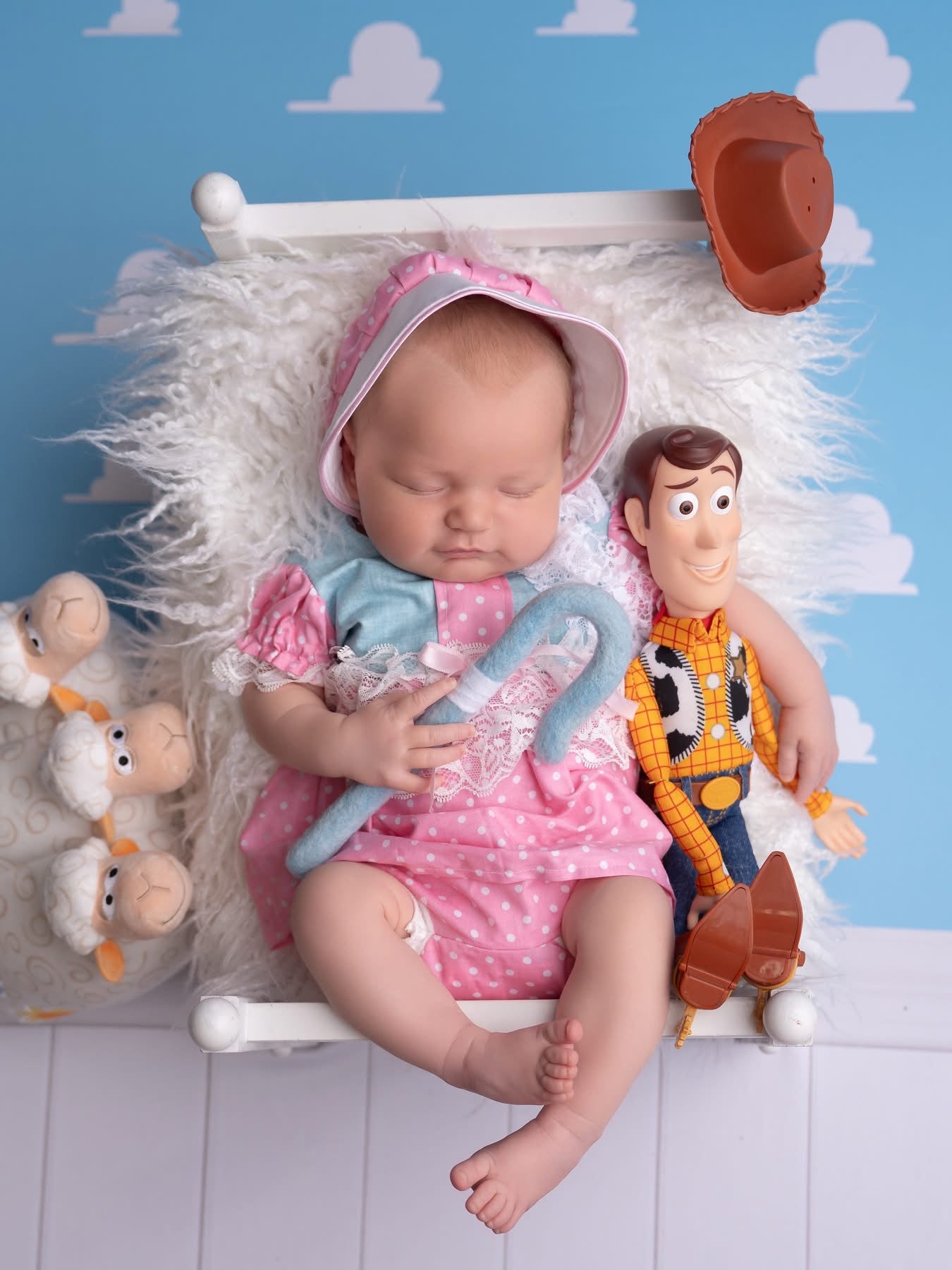 Newborn Bo Peep Dress, Trimmed in Lace, with Bloomers, Photography Prop, Pink Polka Dot, Large Brim Bonnet, Toy Story 5 Movie, First Photo.