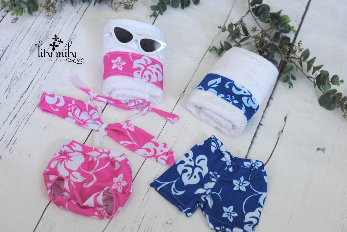 Tropical Trunks, bikini, and towels