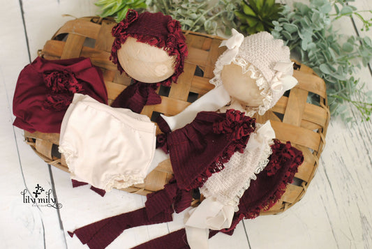 Newborn bonnets, lacey with bows