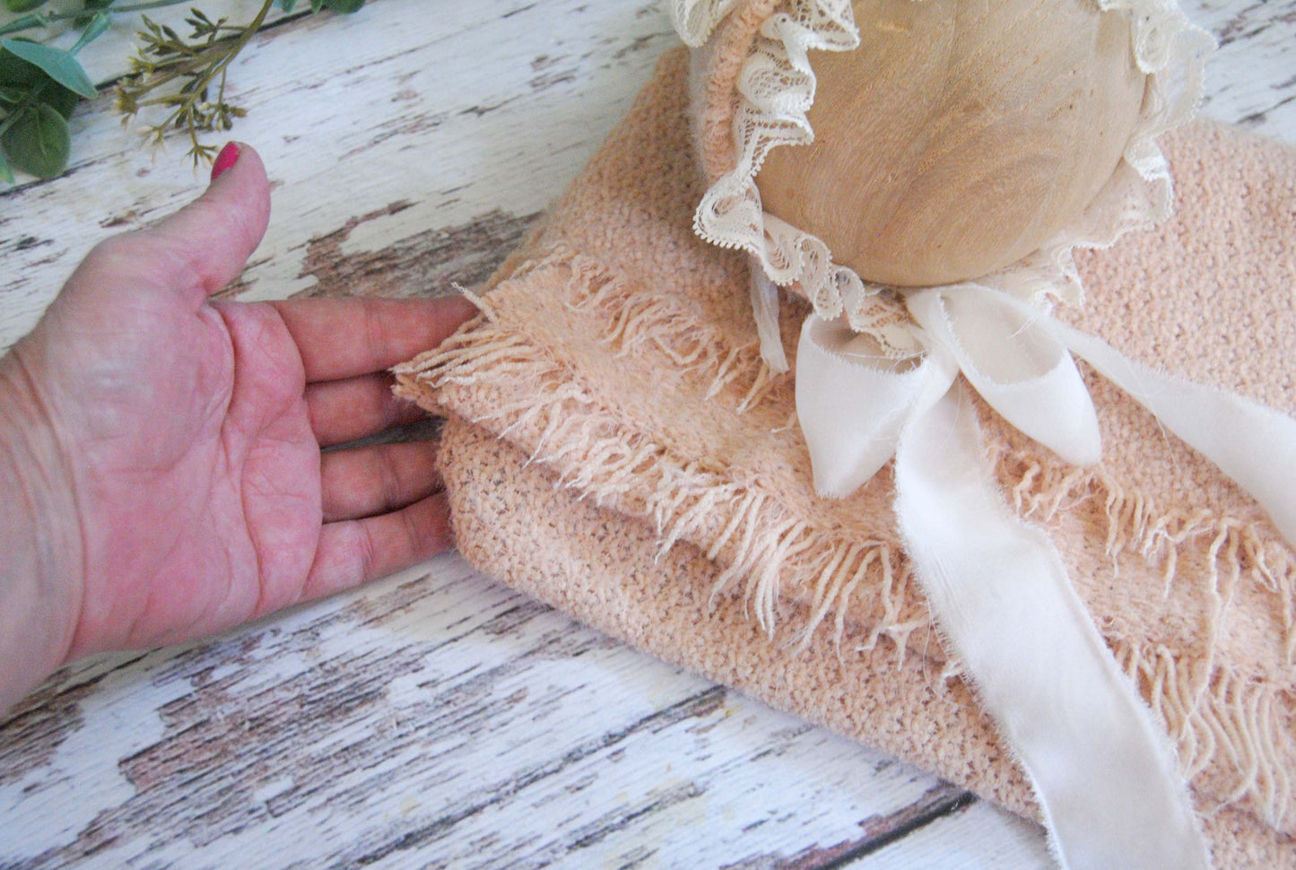Newborn Sweater Knit Wrap and Bear Bonnet, Pale Peach with fringe on wrap
