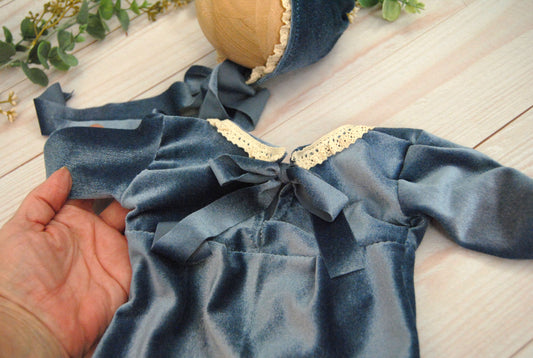Newborn Blue Velvet Romper and Bonnet to Match