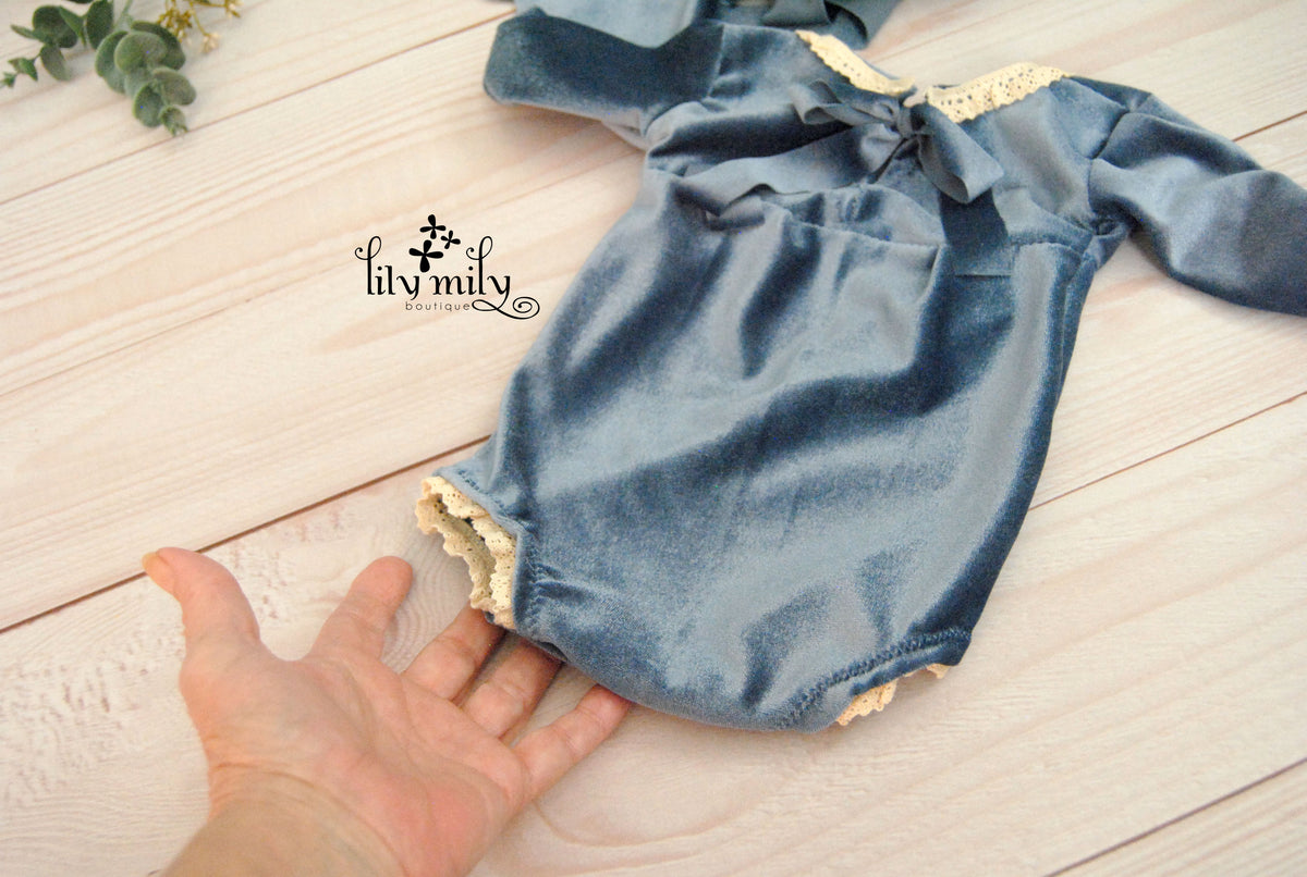 Newborn Blue Velvet Romper and Bonnet to Match
