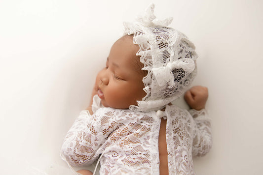 White lace romper with bonnet. Photo prop, newborn size
