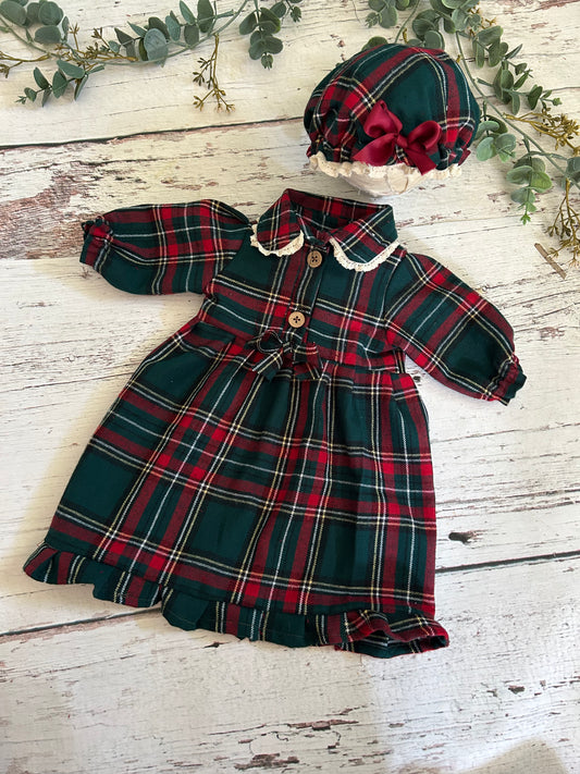 Christmas Pjs and Gown, Newborn, Tartan Plaid, Matching Bonnet, Lace Trim Collar, Photo Prop