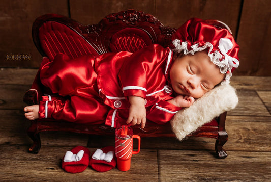 Newborn Red Satin Pjs and shower cap. photo prop