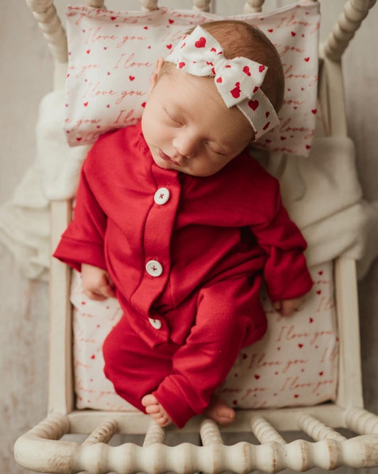 Bed Sheets, Pillow, I love You Print, Solid Red.