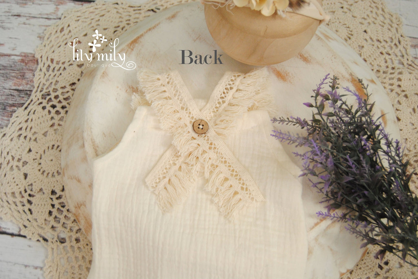 Boho Newborn Textured Romper, Adjustable Straps, Photo Prop, First Baby Girl, Neutral, Timeless images, Matching Headband With Flowers.