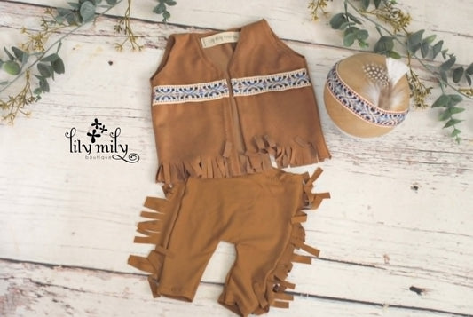 Newborn Native American Indian Baby, Vest and Fringe Microsuede, Feather Head Dress, Powwow costume, Boy or Girl, Photo Prop, First Photo.