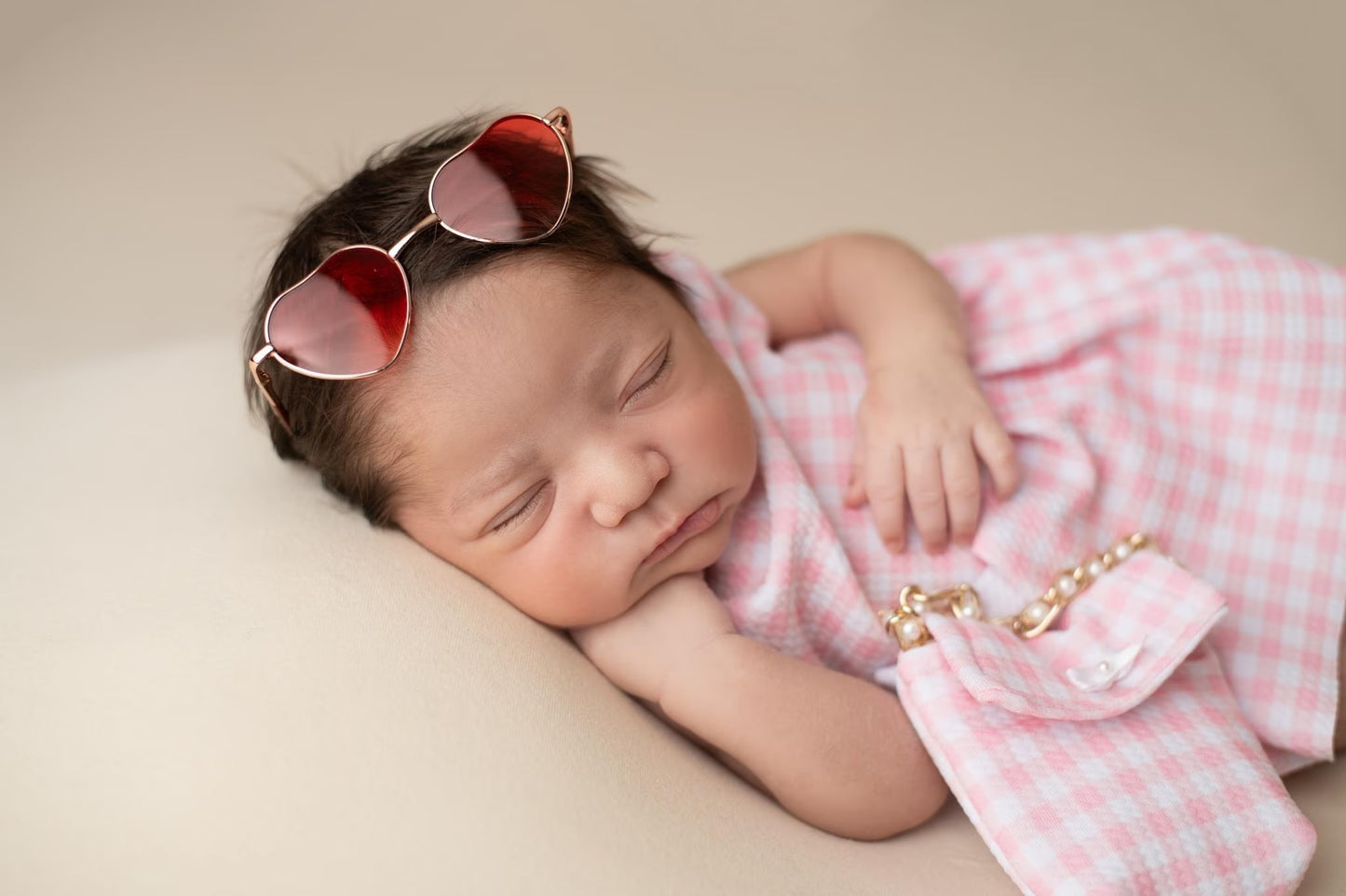 Newborn Pink Gingham Dress, Purse, and Summer Hat