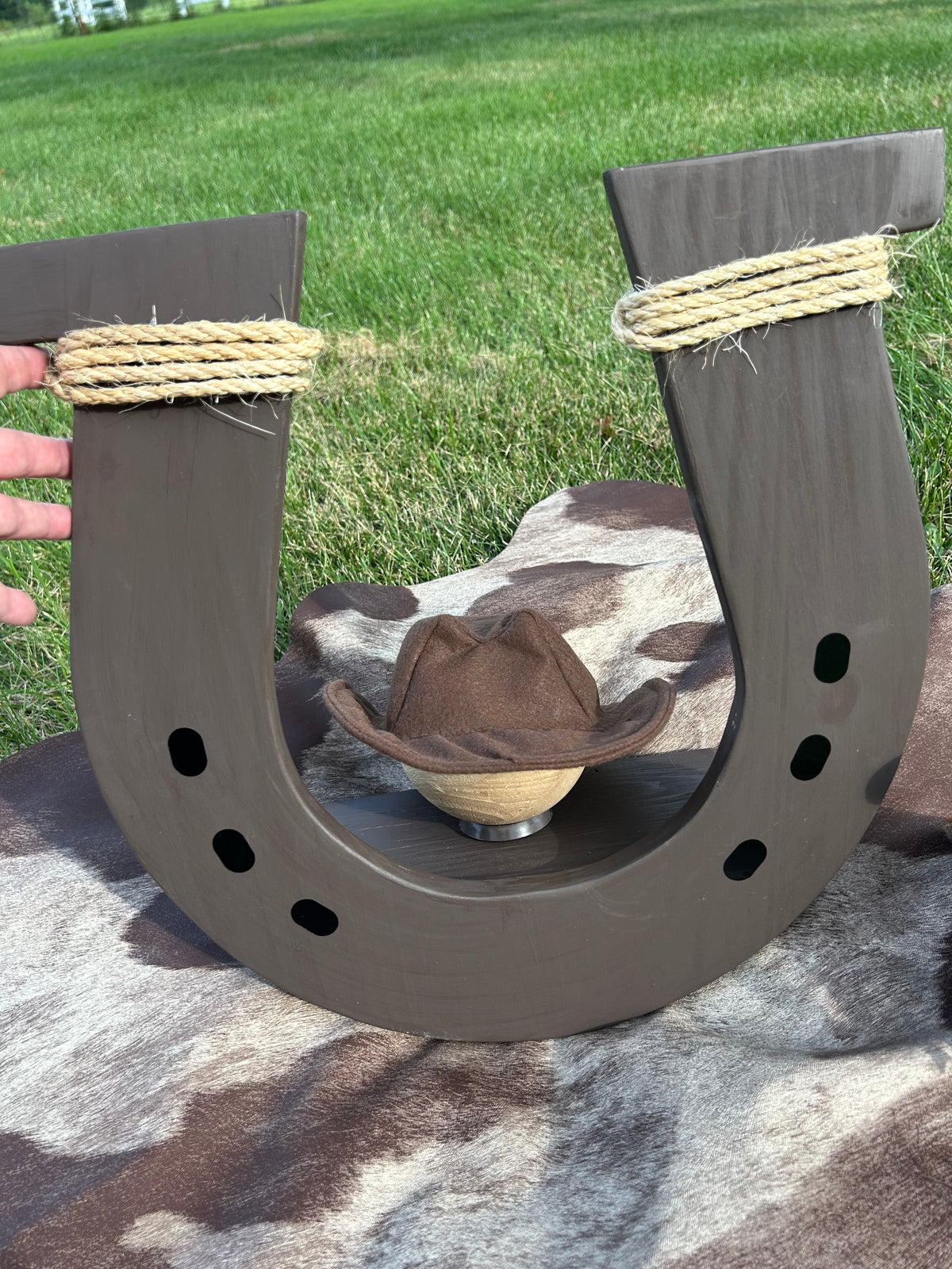 Wooden horse shoe stand, handmade photo prop