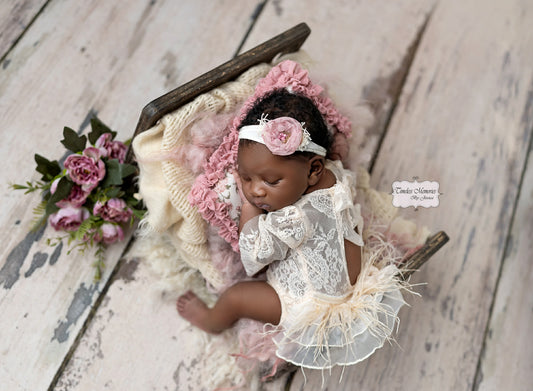 Newborn Lace Romper | Ruffled Butt w/ Feathers, Bonnet to match