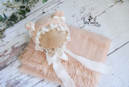 Newborn Sweater Knit Wrap and Bear Bonnet, Pale Peach with fringe on wrap
