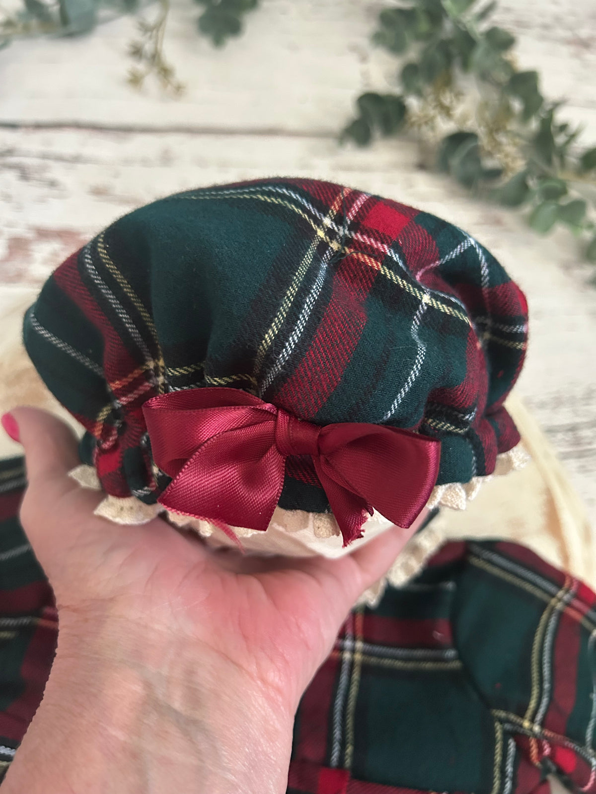 Christmas Pjs and Gown, Newborn, Tartan Plaid, Matching Bonnet, Lace Trim Collar, Photo Prop