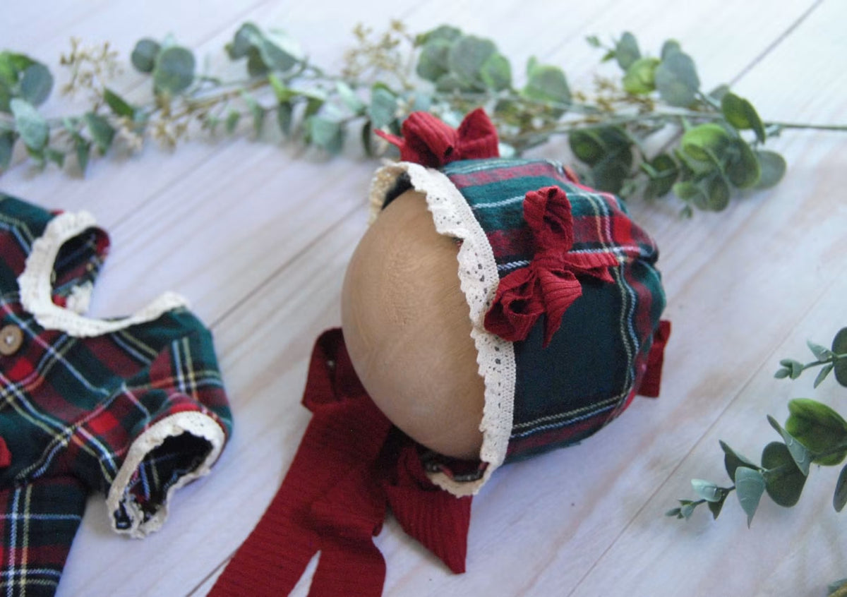 Christmas Pjs and Gown, Overalls, Dress, Tartan Plaid, Matching Bonnet, Lace Trim Collar, Photo Prop