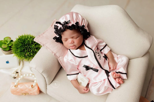 Newborn Satin Loungewear, with shower cap.