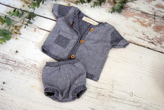Newborn Boy Textured Button up Top and Bottoms, Photo Prop, First Photo session, Spring, New Baby, Soft and Stretchy