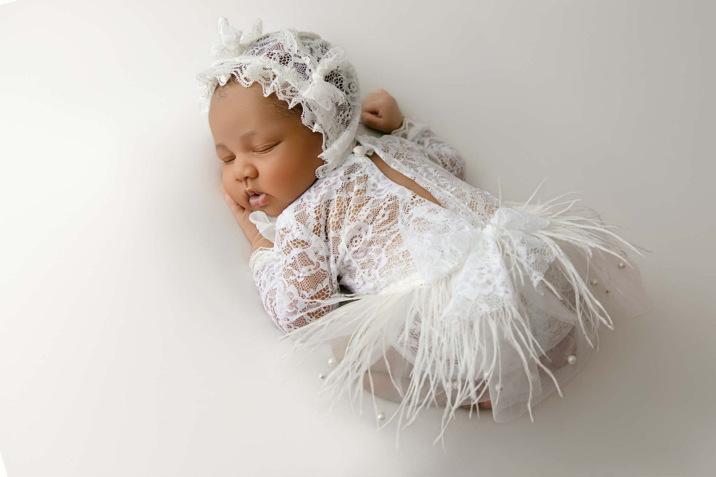 White lace romper with bonnet. Photo prop, newborn size