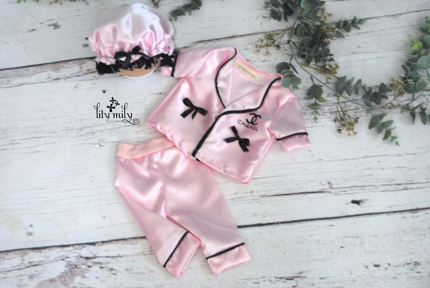 Newborn Satin Loungewear, with shower cap.