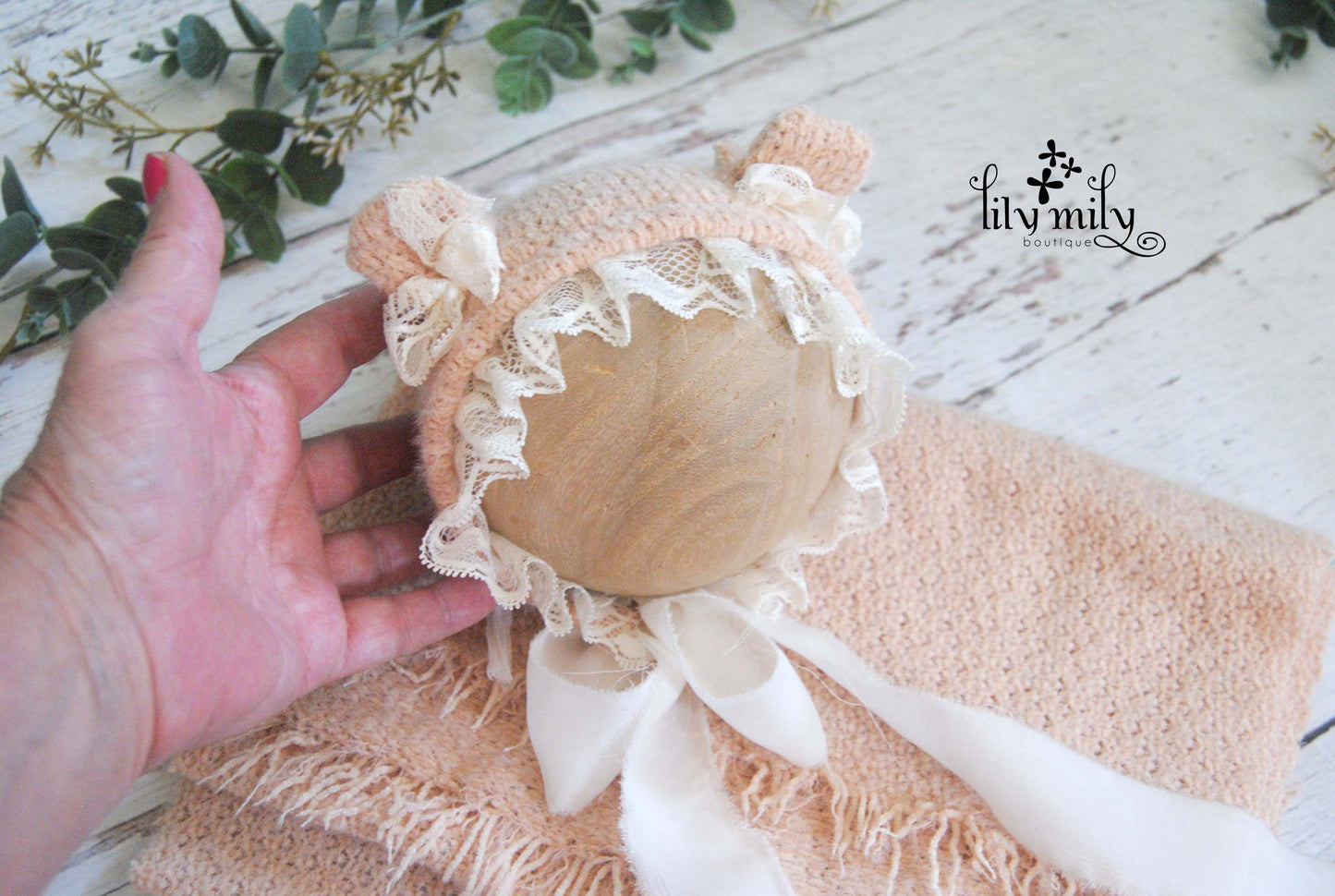 Newborn Sweater Knit Wrap and Bear Bonnet, Pale Peach with fringe on wrap