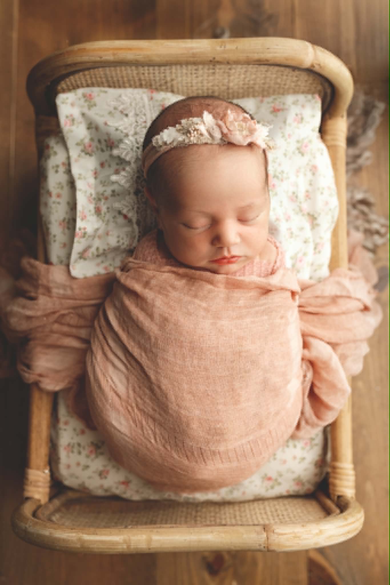 Bed Linens | Newborn Photo Prop, Spring Pink and white Floral Print.