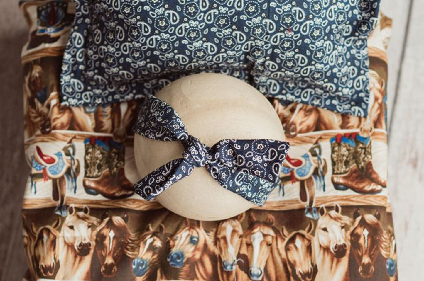 Cowboy / Girl Bedding, Newborn Photo Prop, Western, Fitted Sheet, Pillowcase, Knotted Headband, Cowboy Hat, Horse Print, Rodeo Baby.