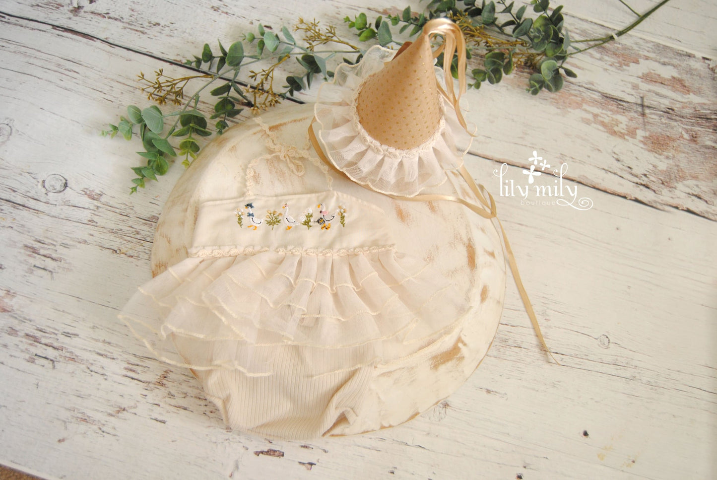 Silly Goose on the loose, newborn embroidery dress set with party hat to match