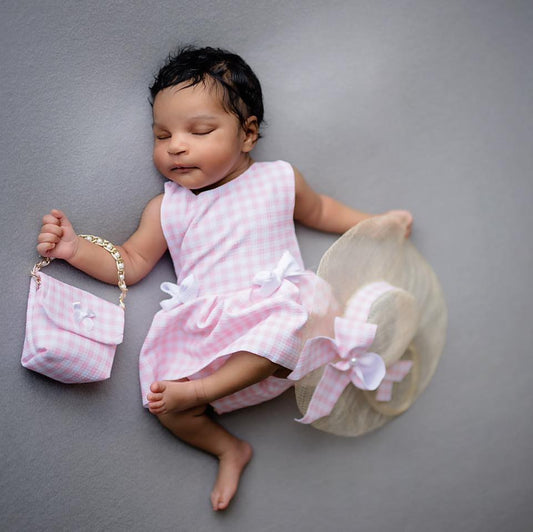 Newborn Pink Gingham Dress | Hat, Photo Prop, and Matching Purse.