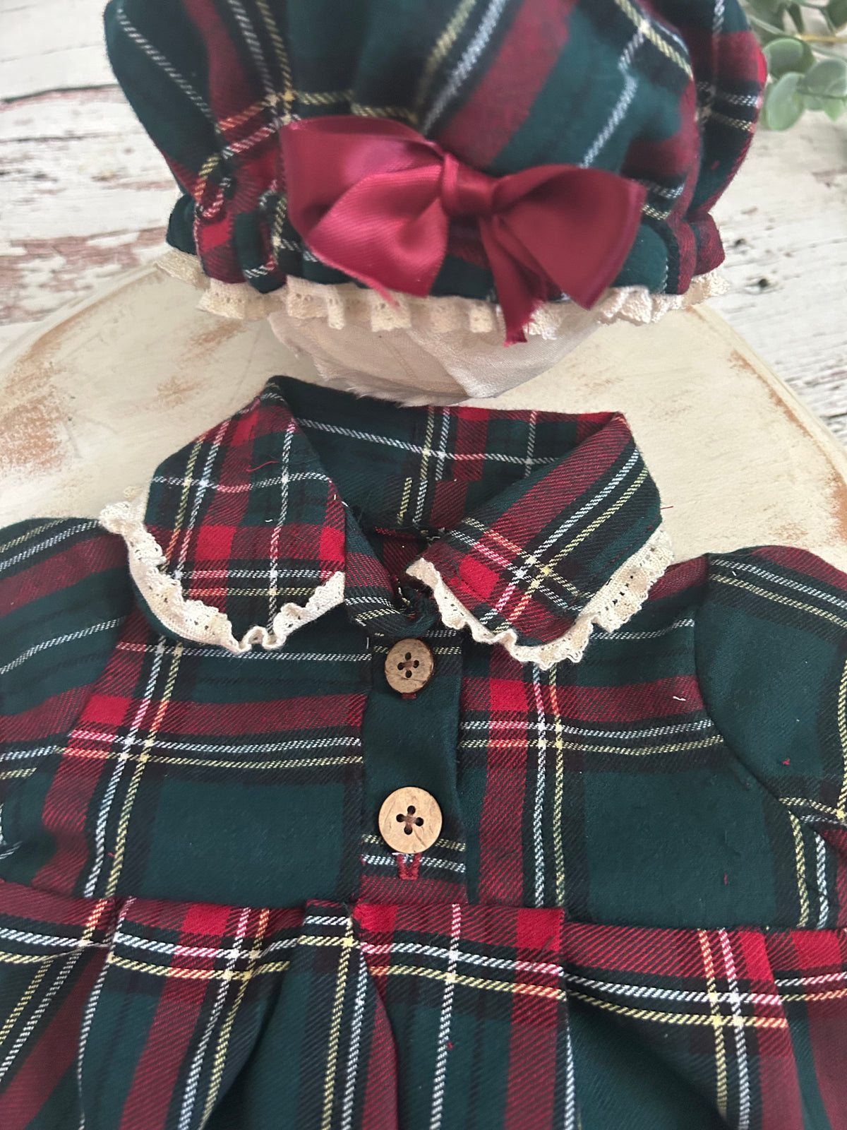 Christmas Pjs and Gown, Newborn, Tartan Plaid, Matching Bonnet, Lace Trim Collar, Photo Prop