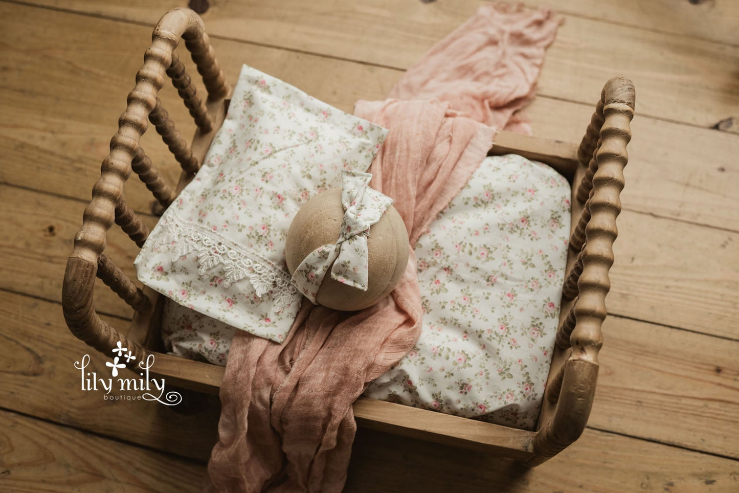 Bed Linens | Newborn Photo Prop, Spring Pink and white Floral Print.