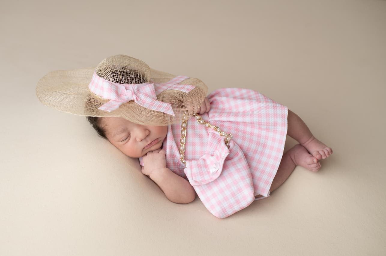 Newborn Pink Gingham Dress | Hat, Photo Prop, and Matching Purse.