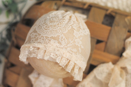 Newborn Lace Romper | Ruffled Butt w/ Feathers, Bonnet to match