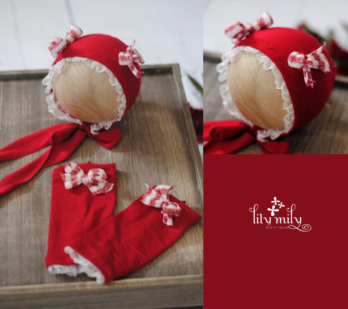 Newborn Bonnet, Holiday red and white gingham bows on red with ruffled lace.