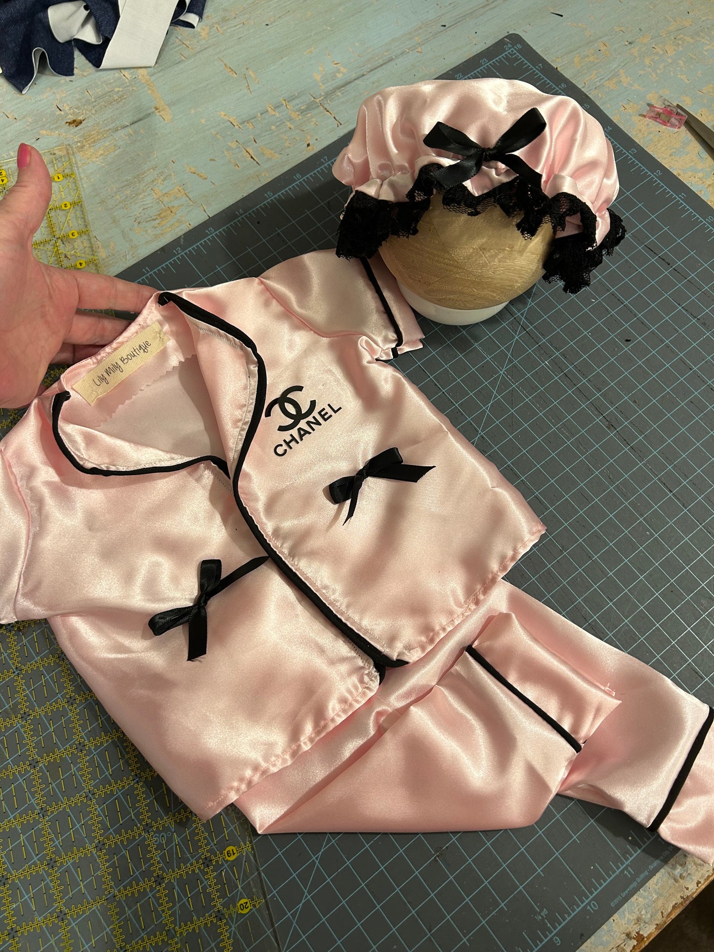 Newborn Satin Loungewear, with shower cap.