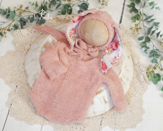 Newborn Bunny Set | Fuzzy Bonnet, Fuzzy Romper, Photo Prop, pink or Ivory.