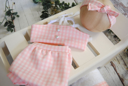 Newborn Pink Bikini in Gingham, Photo Prop, Matching Towel and Headband