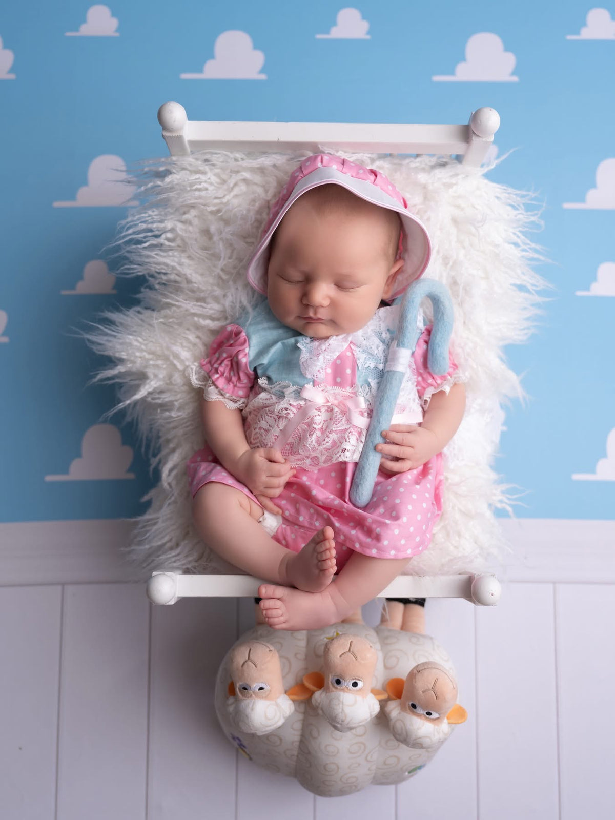 Newborn Bo Peep Dress, Trimmed in Lace, with Bloomers, Photography Prop, Pink Polka Dot,  Large Brim Bonnet, Toy Story 5 Movie, First Photo.