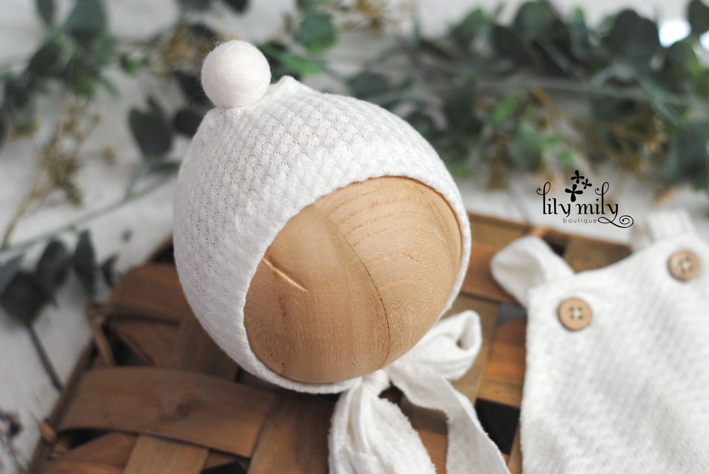 Newborn Overalls, White, Waffle Knit, Pom Bonnet, Baby Boy First Photo Session, Going Home Outfit.