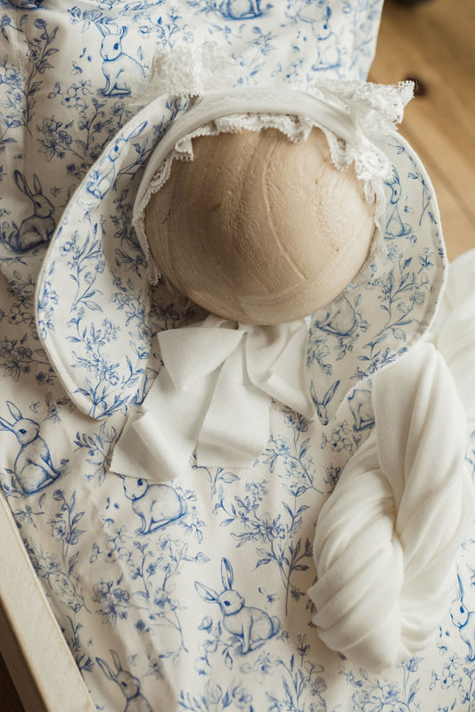 Bed Linens, Newborn Sheet set ,Photo Prop, Blue Toile Bunny Print, Bonnet, Wrap, Headband.