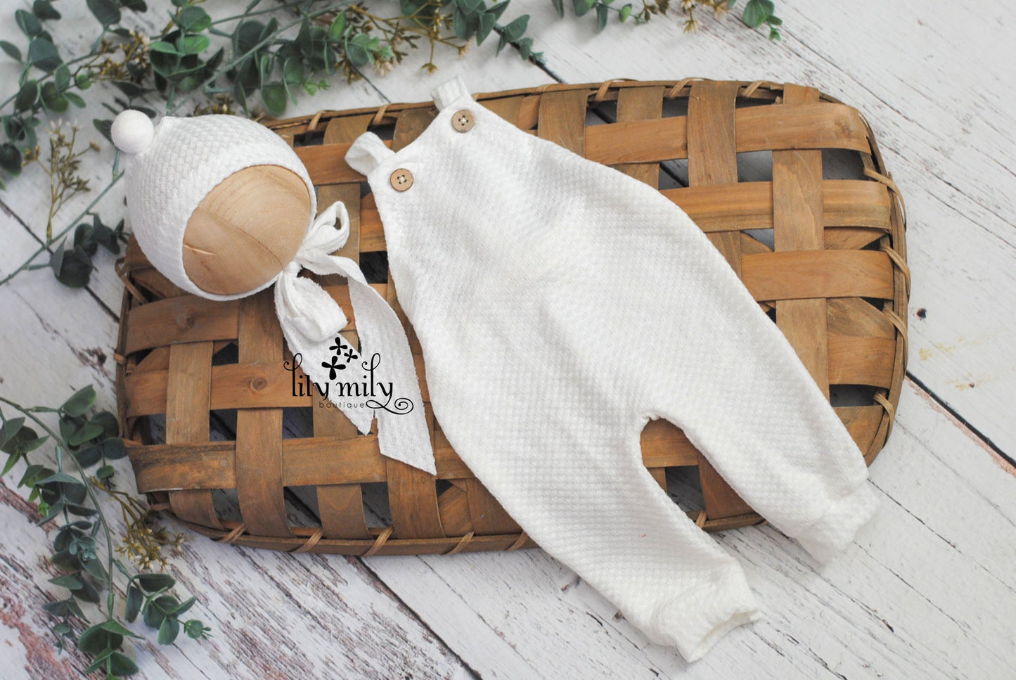 Newborn Overalls, White, Waffle Knit, Pom Bonnet, Baby Boy First Photo Session, Going Home Outfit.