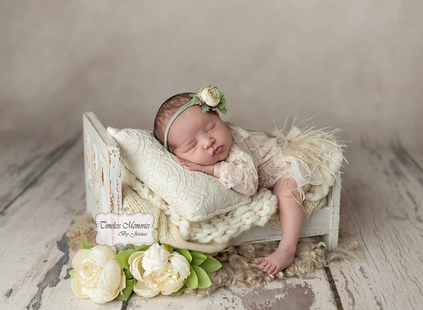 Newborn Lace Romper | Ruffled Butt w/ Feathers, Bonnet to match