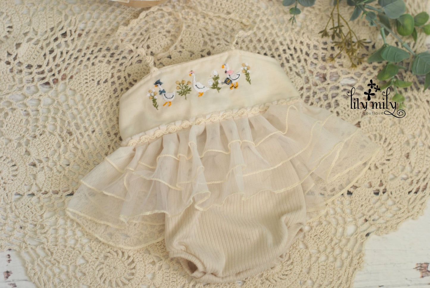 Silly Goose on the loose, newborn embroidery dress set with party hat to match