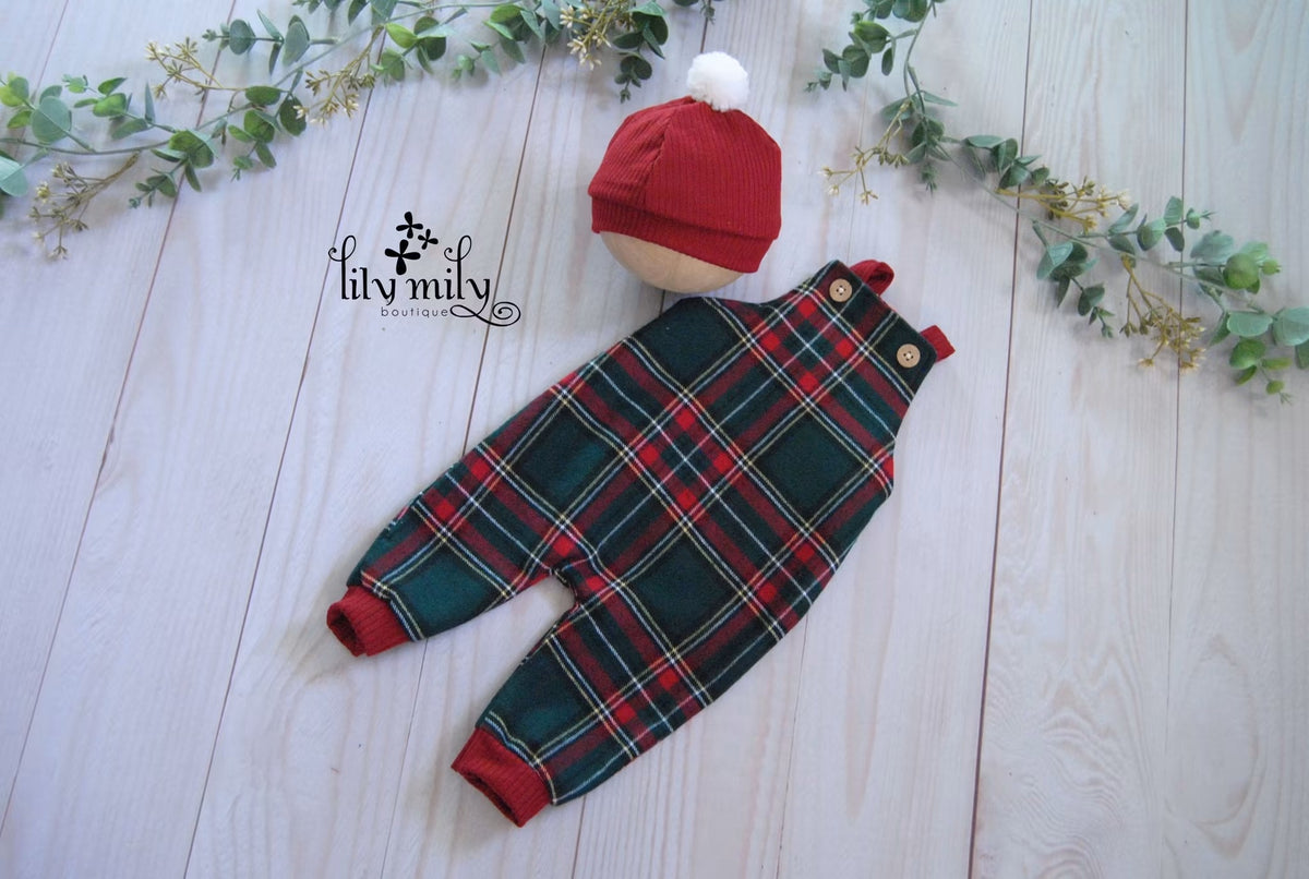 Christmas Pjs and Gown, Overalls, Dress, Tartan Plaid, Matching Bonnet, Lace Trim Collar, Photo Prop