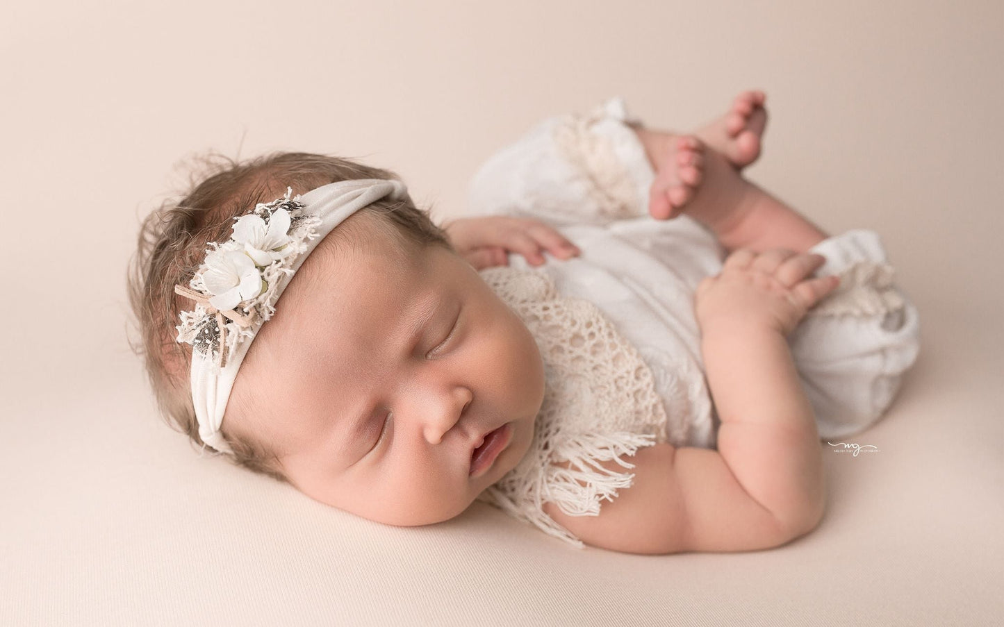 Boho Newborn Textured Romper, Adjustable Straps, Photo Prop, First Baby Girl, Neutral, Timeless images, Matching Headband With Flowers.