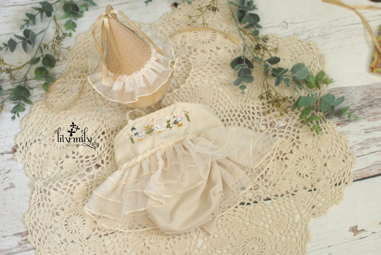 Silly Goose on the loose, newborn embroidery dress set with party hat to match