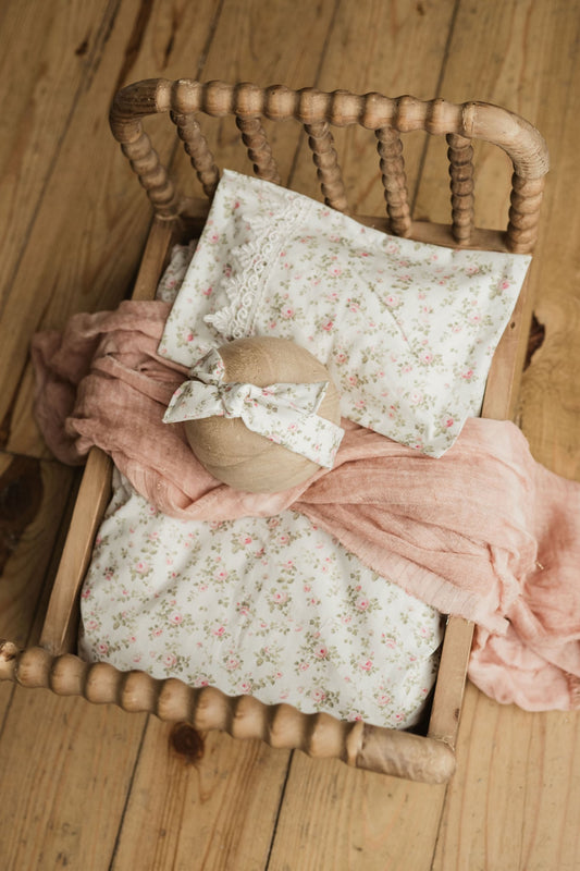 Bed Linens | Newborn Photo Prop, Spring Pink and white Floral Print.