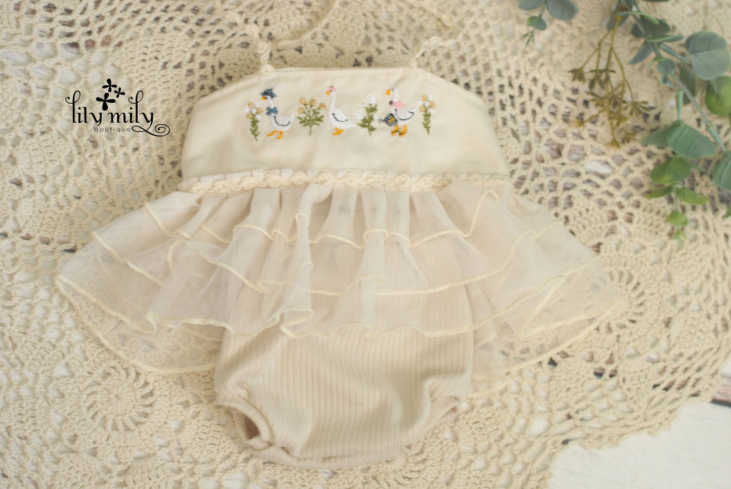 Silly Goose on the loose, newborn embroidery dress set with party hat to match