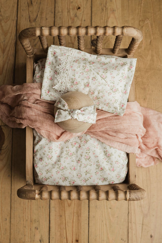 Bed Linens | Newborn Photo Prop, Spring Pink and white Floral Print.